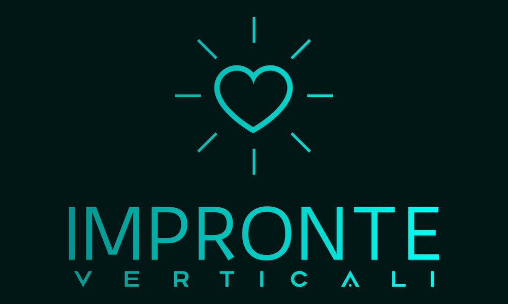 logo di impronte verticali con sfondo nero: scritta "impronte verticali" con sopra stilizzato un cuore con 8 raggi attorno